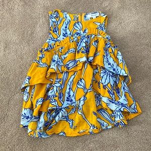 Karen Walker yellow print sleeveless top with ruffle and asymmetric show size 0